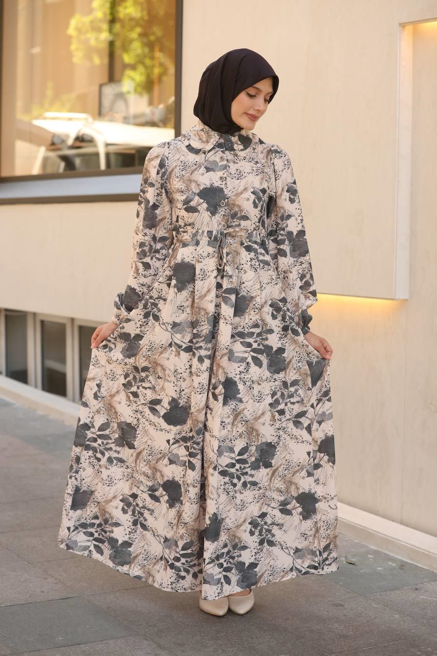 7053 Desenli Elbise - Gri