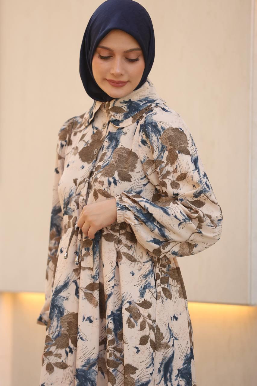7053 Desenli Elbise - Kahve
