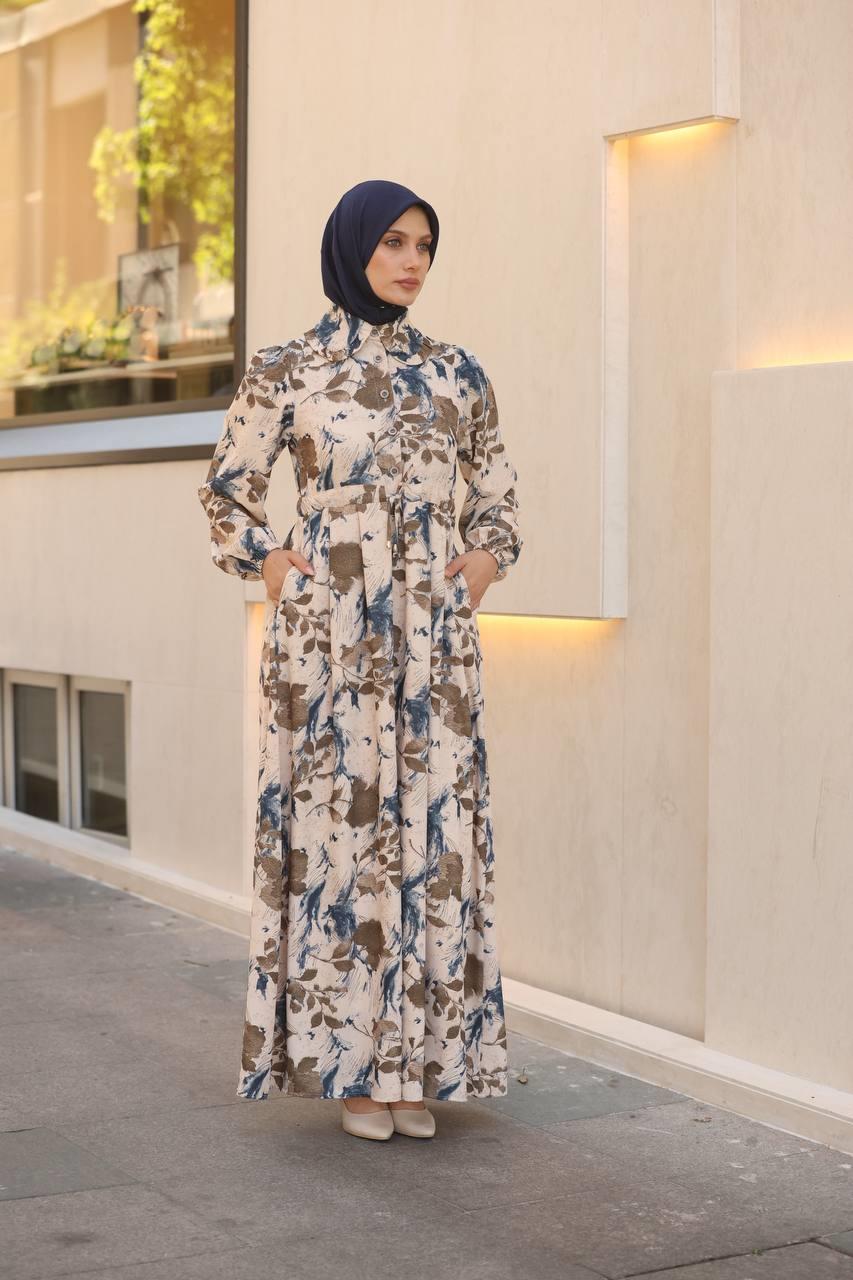 7053 Desenli Elbise - Kahve