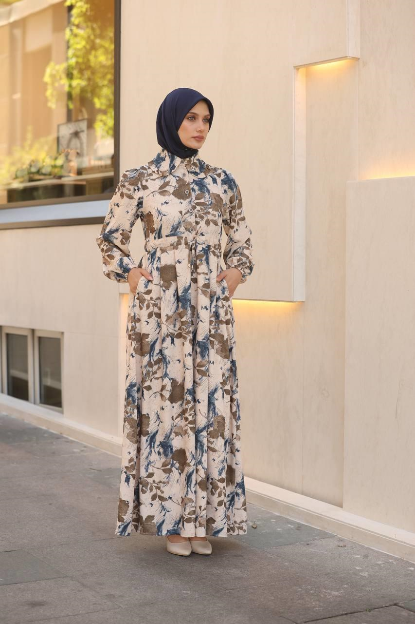 7053 Desenli Elbise - Kahve