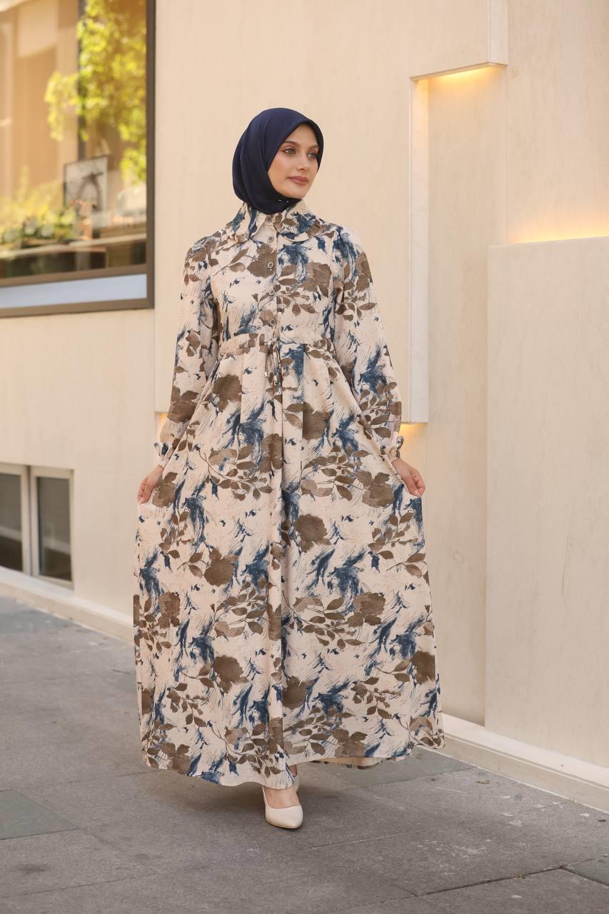 7053 Desenli Elbise - Kahve