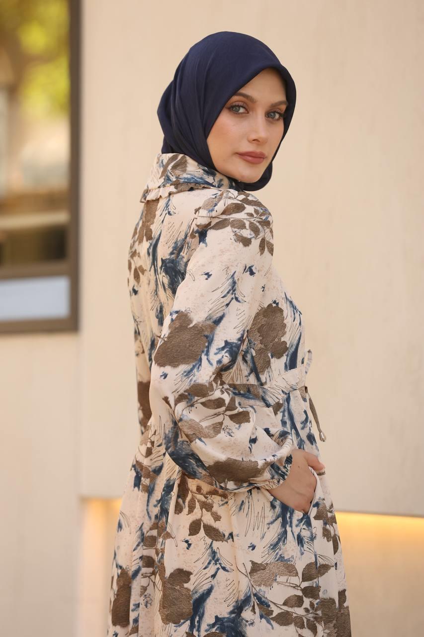 7053 Desenli Elbise - Kahve