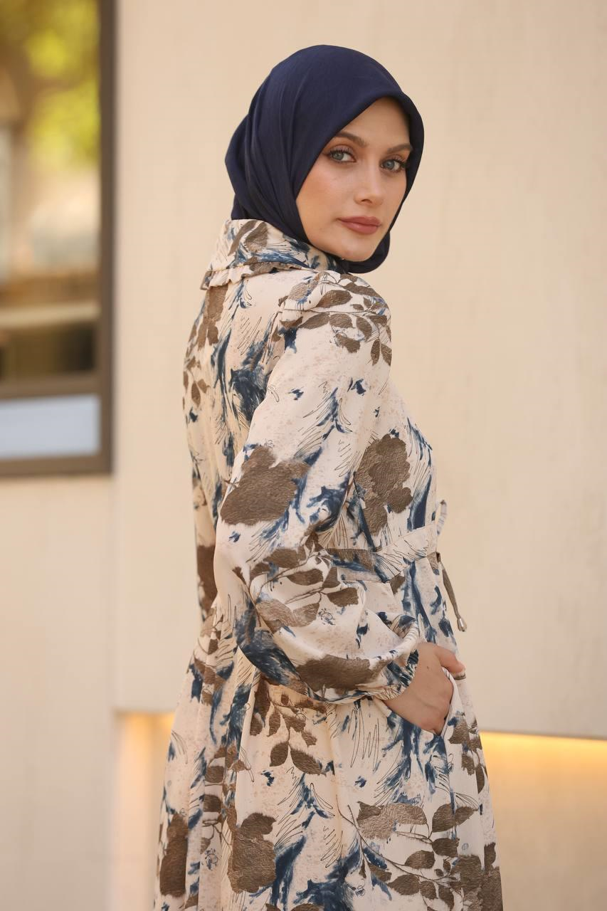 7053 Desenli Elbise - Kahve