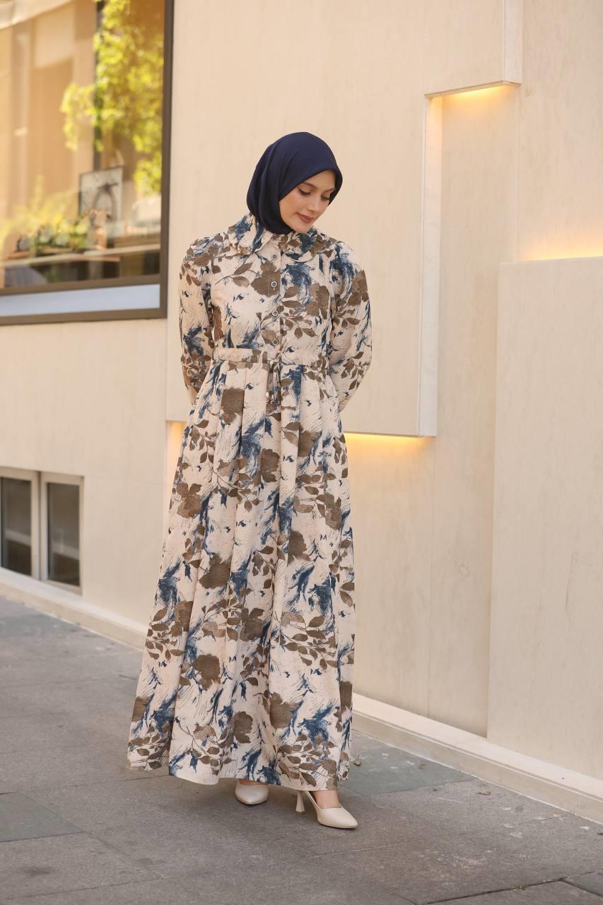 7053 Desenli Elbise - Kahve