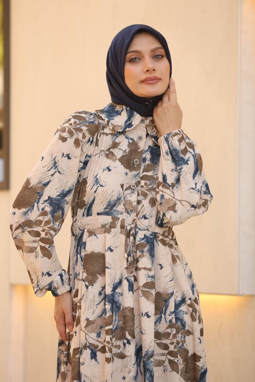 7053 Desenli Elbise - Kahve