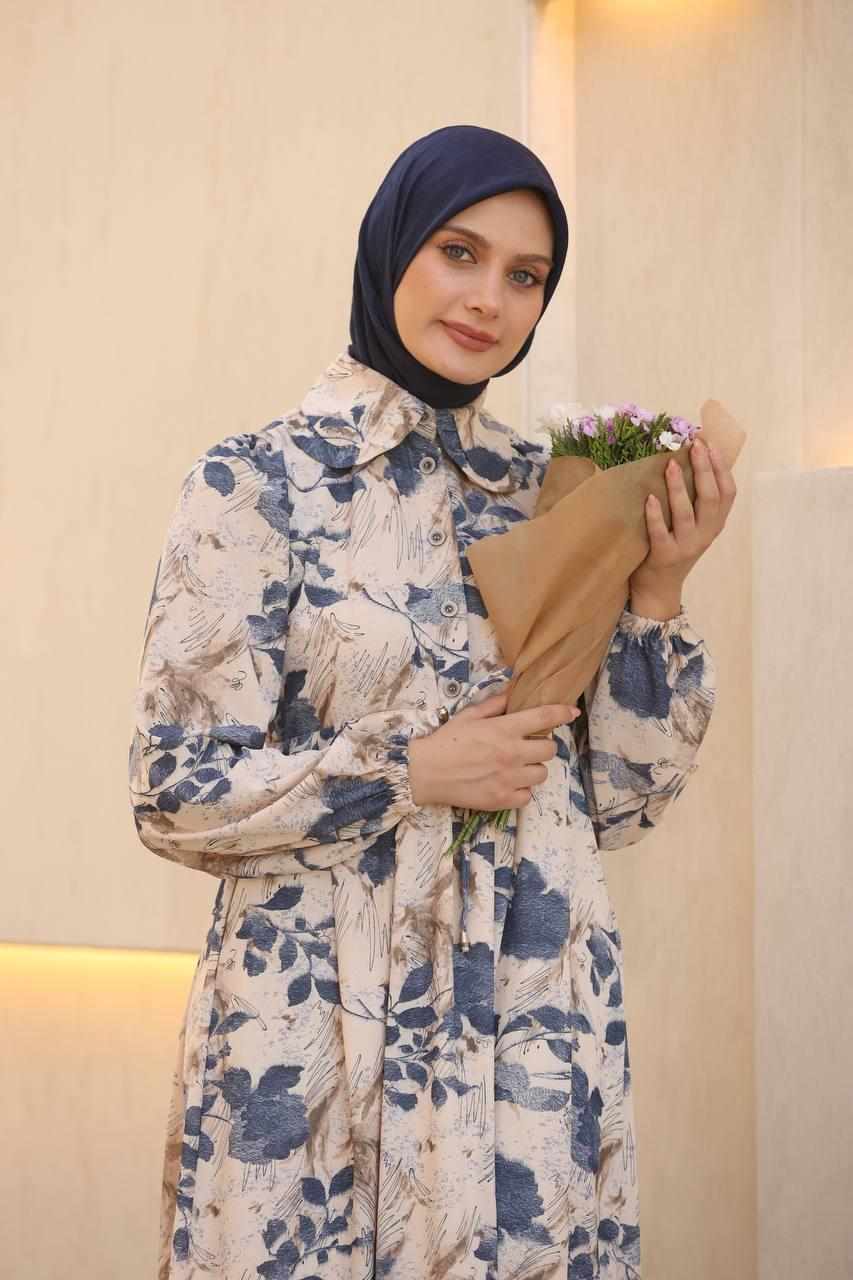 7053 Desenli Elbise - Mavi