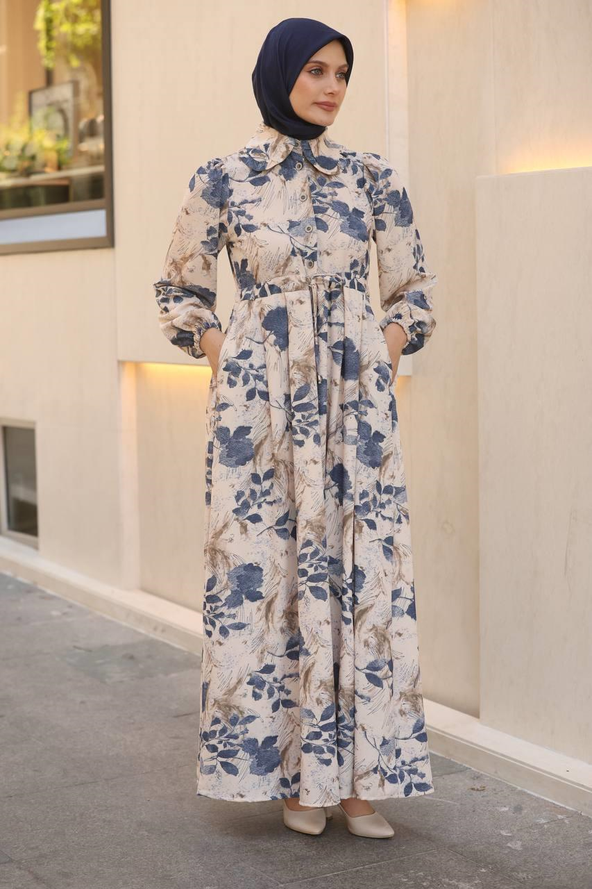 7053 Desenli Elbise - Mavi