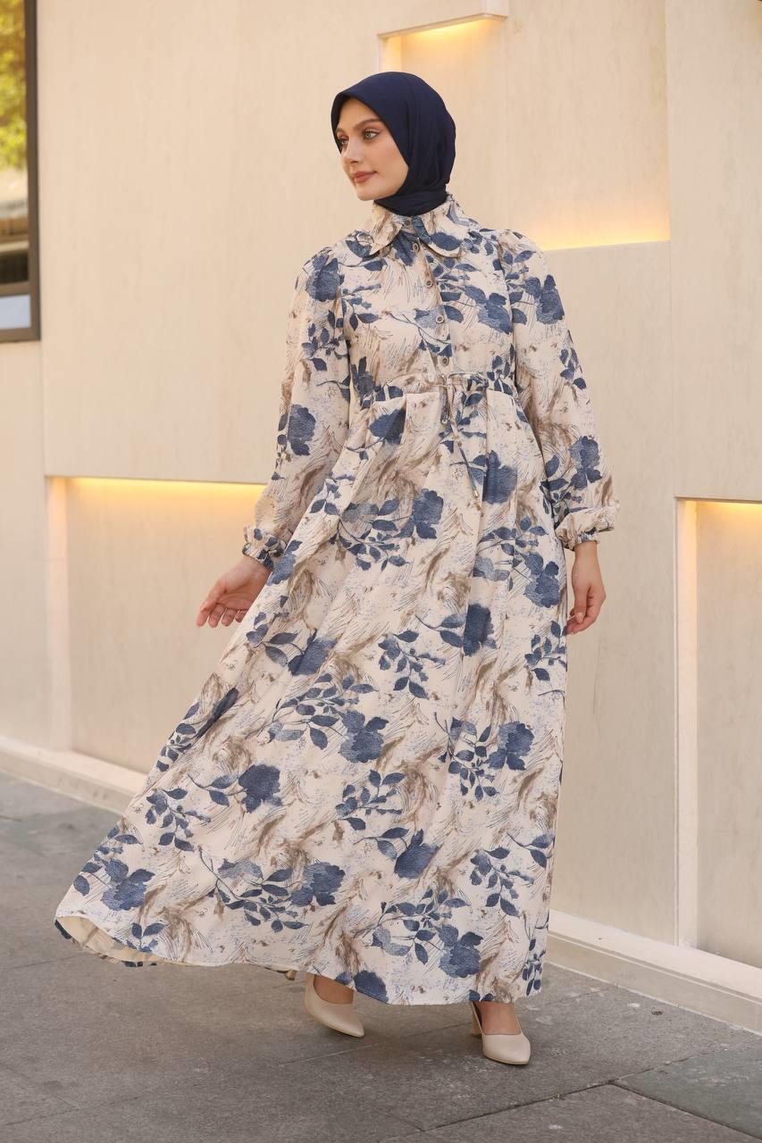 7053 Desenli Elbise - Mavi