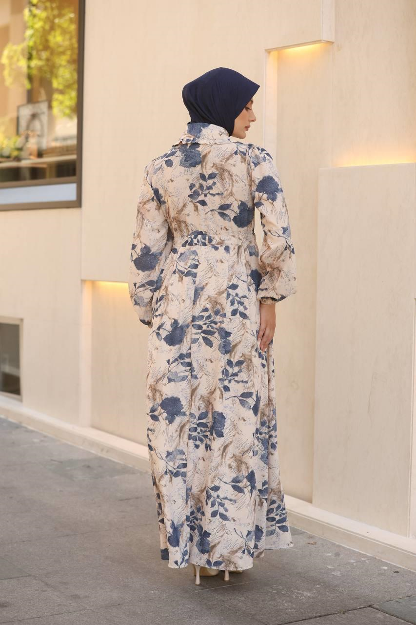 7053 Desenli Elbise - Mavi