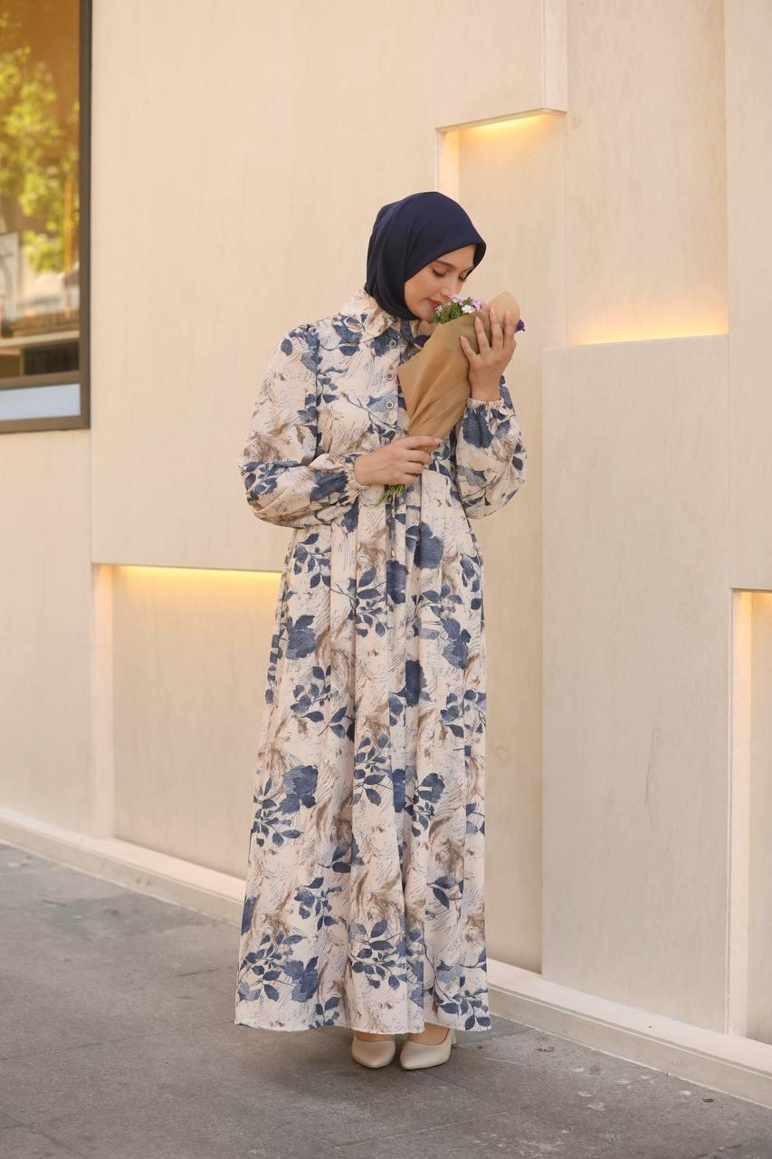 7053 Desenli Elbise - Mavi