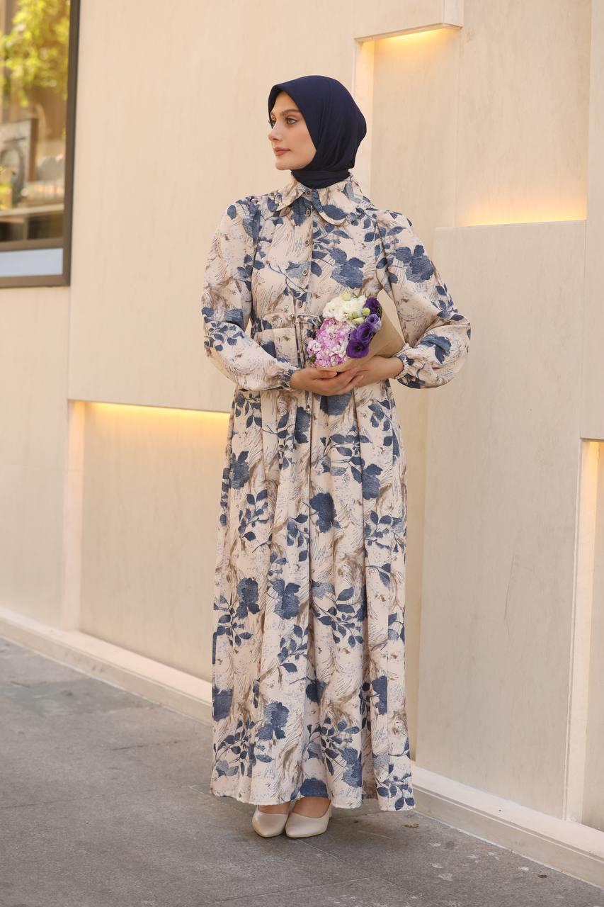 7053 Desenli Elbise - Mavi