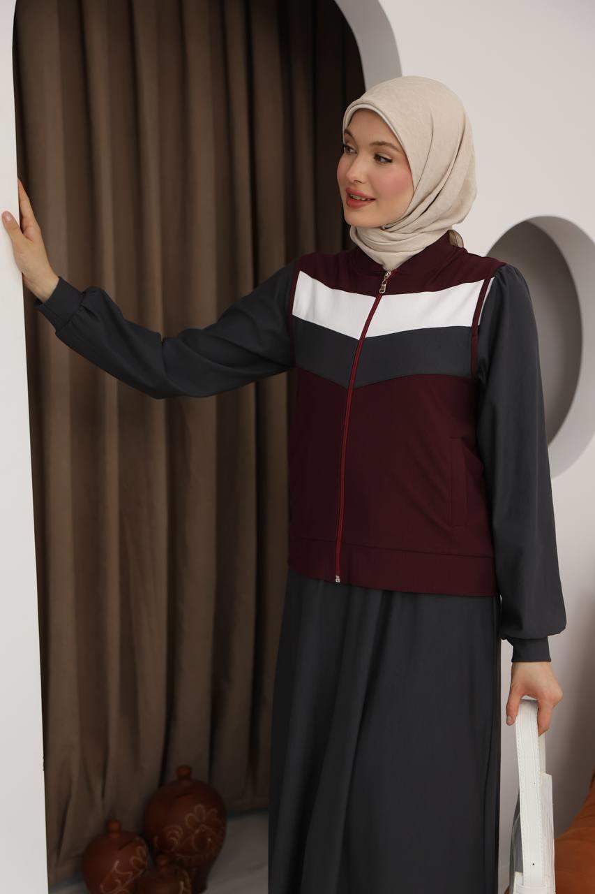 7058 İki İplik Spor Takımı - Gri & Bordo 