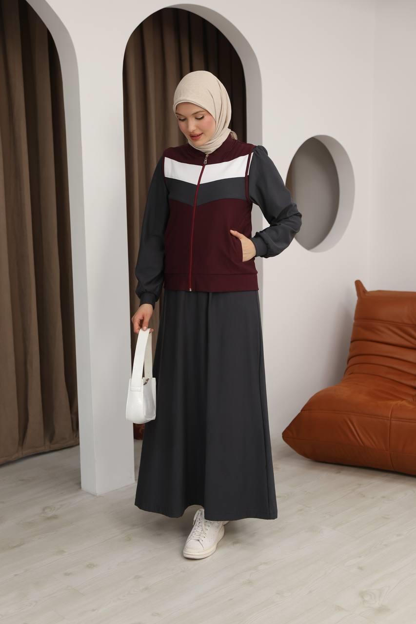 7058 İki İplik Spor Takımı - Gri & Bordo 