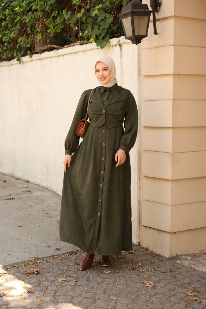 7059 Düğmeli Iki Parça Elbise - Haki