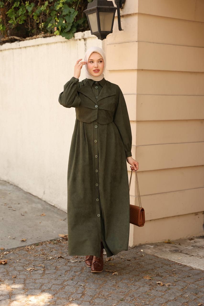 7059 Düğmeli Iki Parça Elbise - Haki