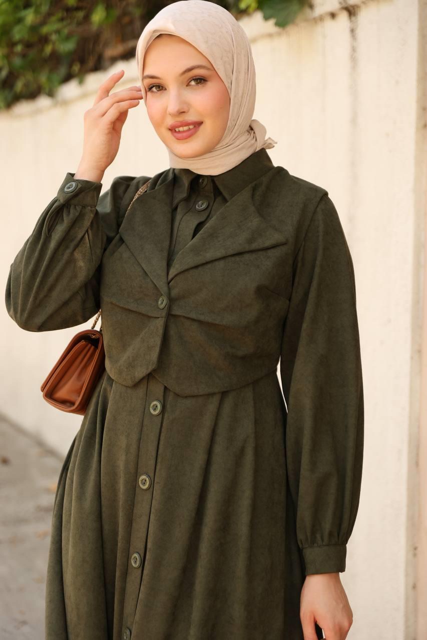 7059 Düğmeli Iki Parça Elbise - Haki