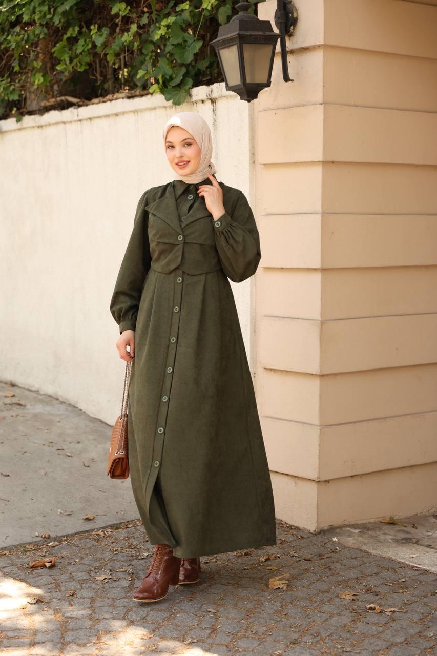 7059 Düğmeli Iki Parça Elbise - Haki
