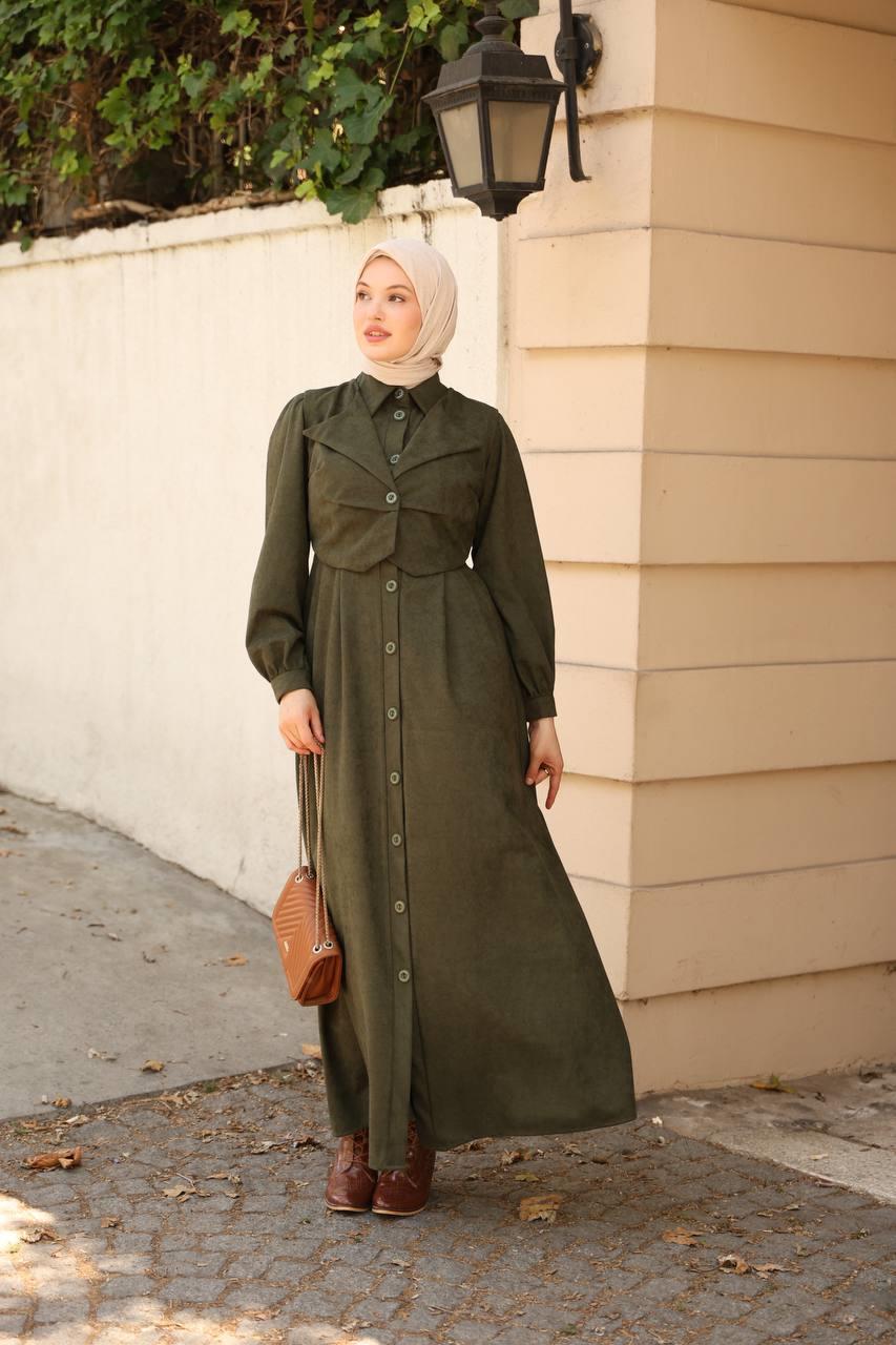 7059 Düğmeli Iki Parça Elbise - Haki