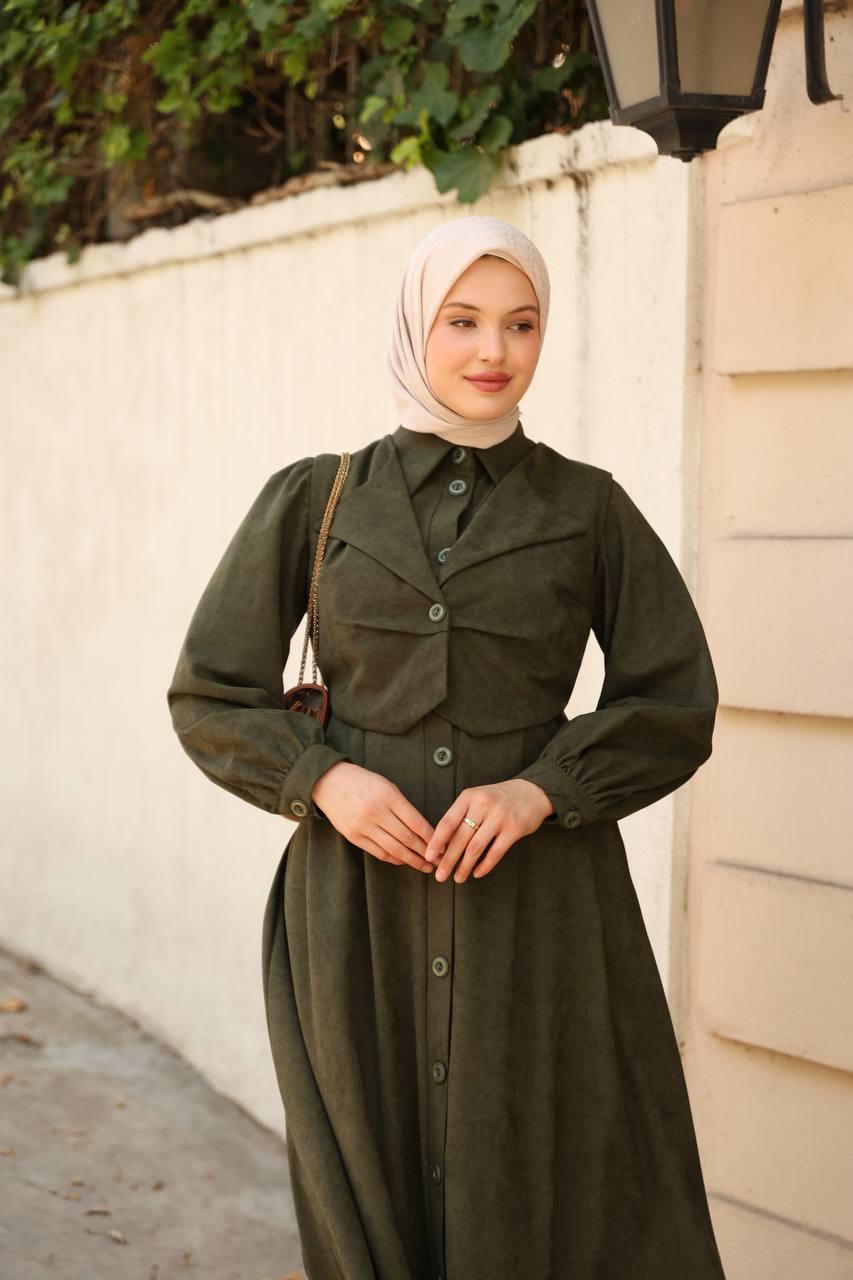 7059 Düğmeli Iki Parça Elbise - Haki