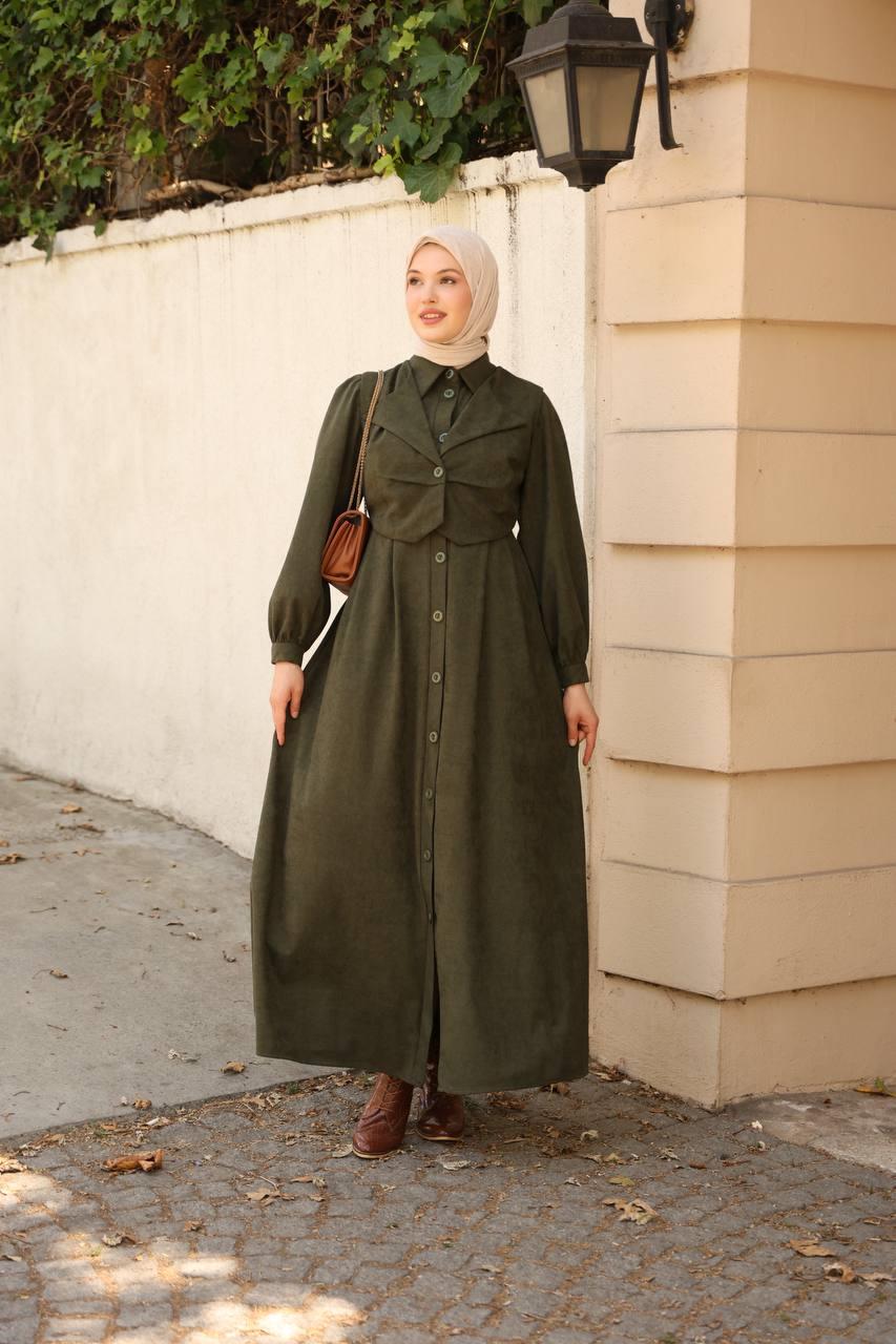 7059 Düğmeli Iki Parça Elbise - Haki