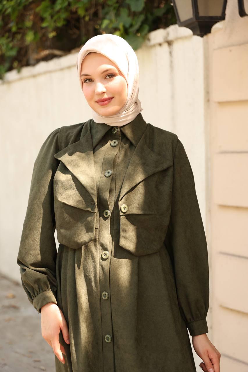 7059 Düğmeli Iki Parça Elbise - Haki