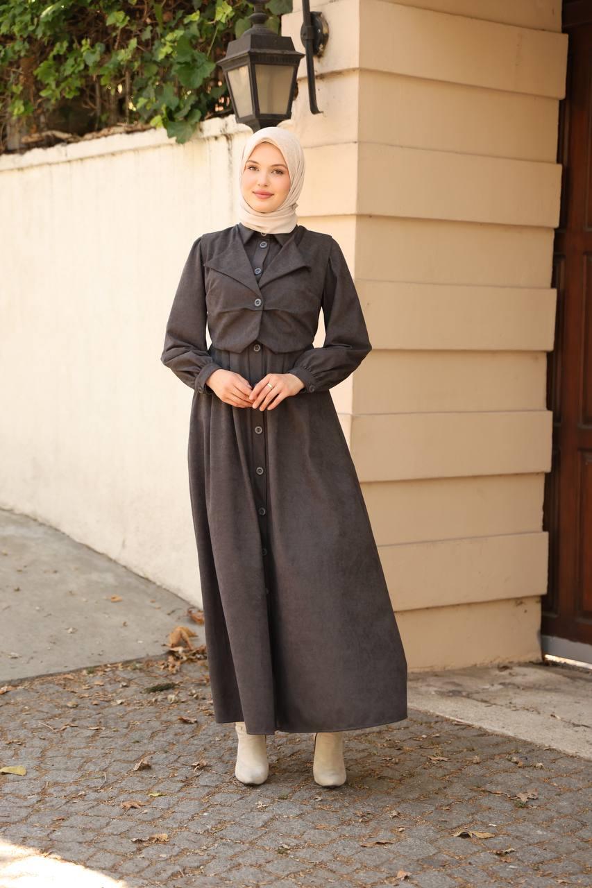 7059 Düğmeli Iki Parça Elbise - Koyu Gri