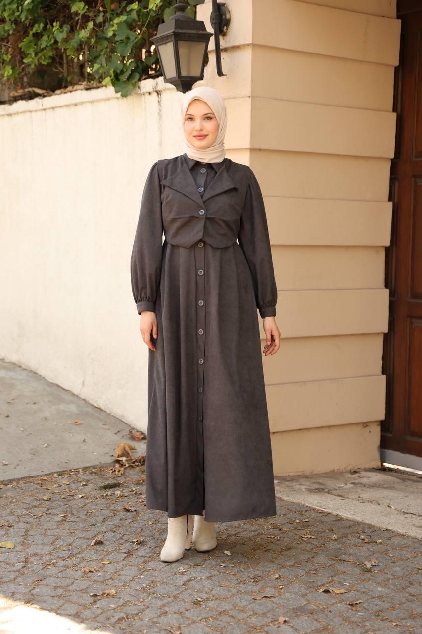 7059 Düğmeli Iki Parça Elbise - Koyu Gri