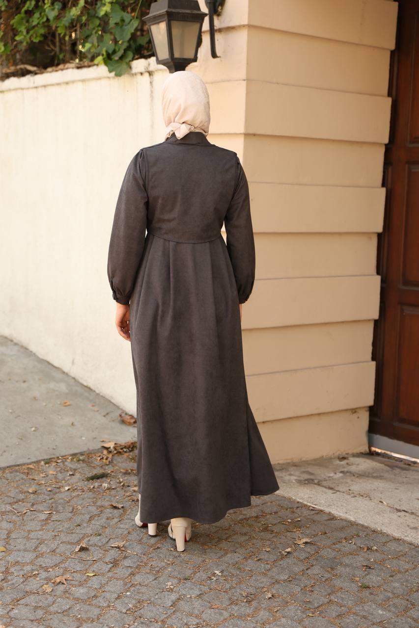 7059 Düğmeli Iki Parça Elbise - Koyu Gri