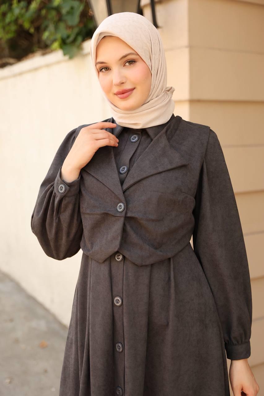 7059 Düğmeli Iki Parça Elbise - Koyu Gri