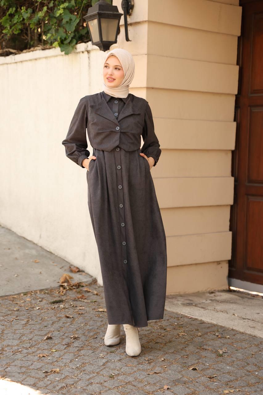 7059 Düğmeli Iki Parça Elbise - Koyu Gri