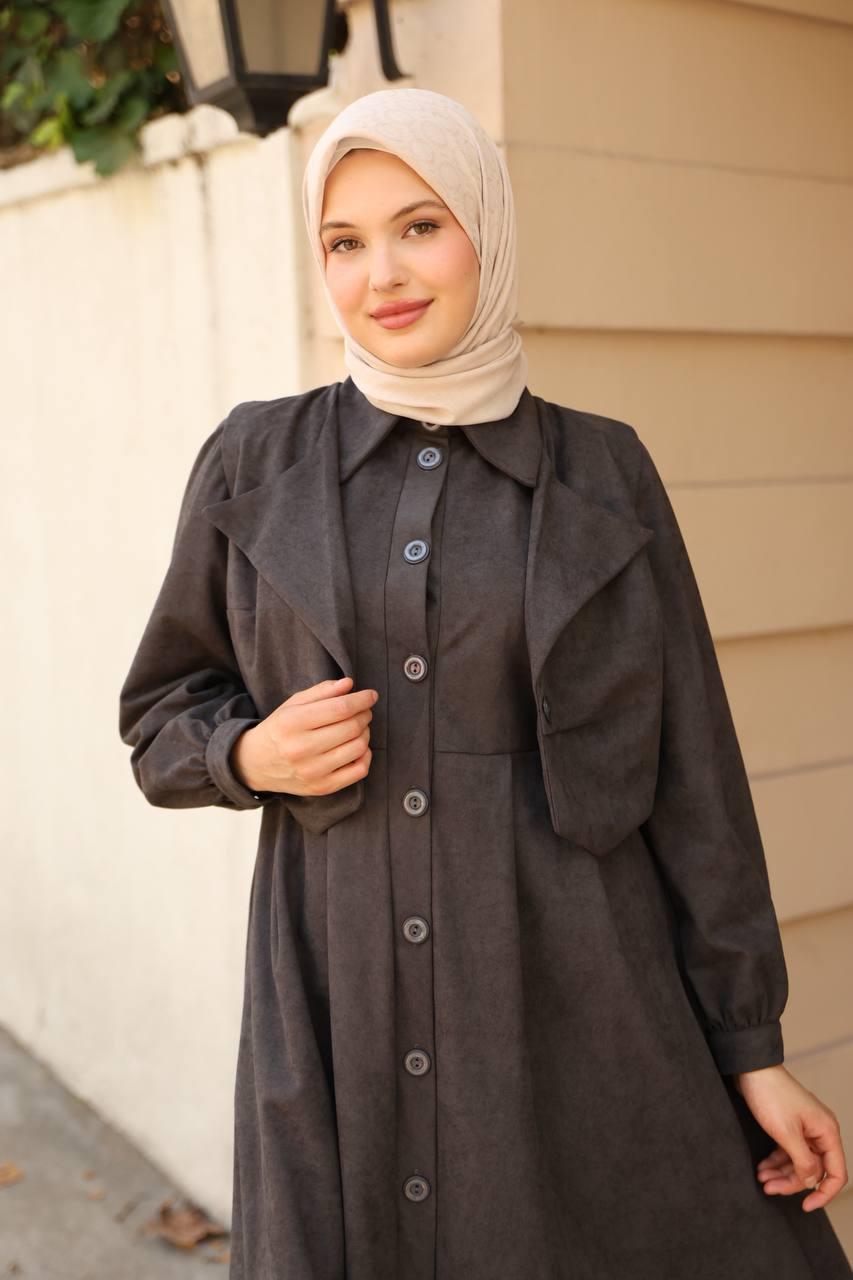 7059 Düğmeli Iki Parça Elbise - Koyu Gri