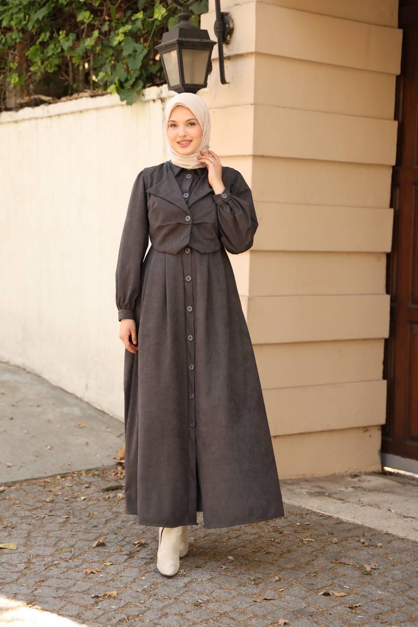 7059 Düğmeli Iki Parça Elbise - Koyu Gri