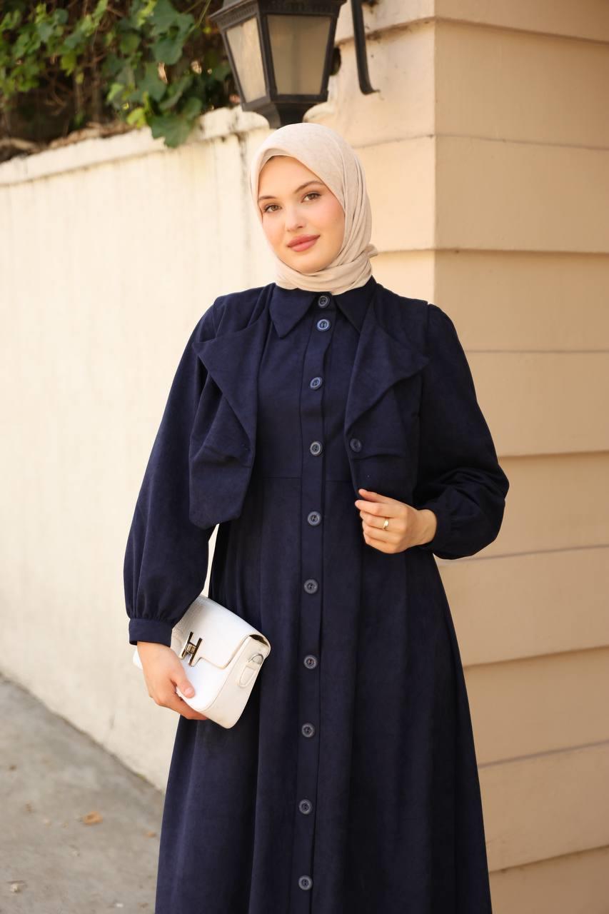 7059 Düğmeli Iki Parça Elbise - Lacivert