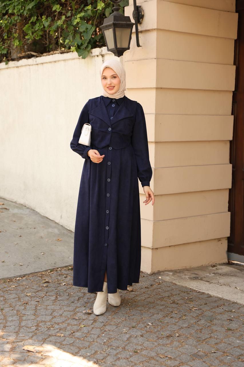 7059 Düğmeli Iki Parça Elbise - Lacivert