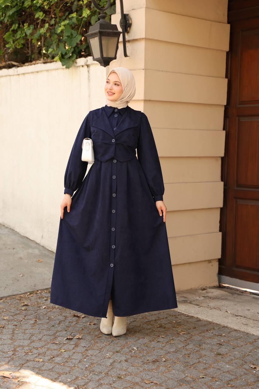 7059 Düğmeli Iki Parça Elbise - Lacivert