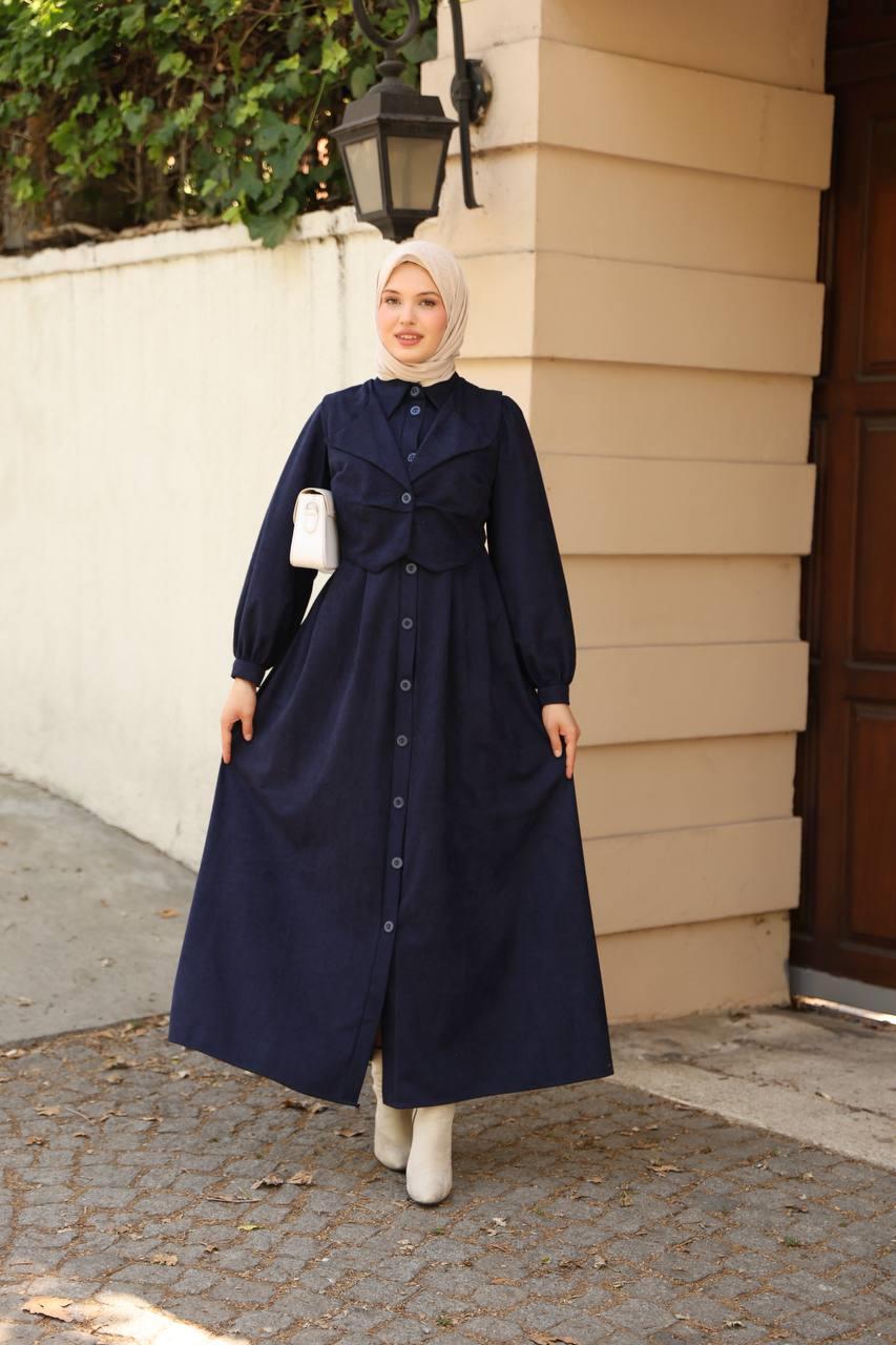 7059 Düğmeli Iki Parça Elbise - Lacivert