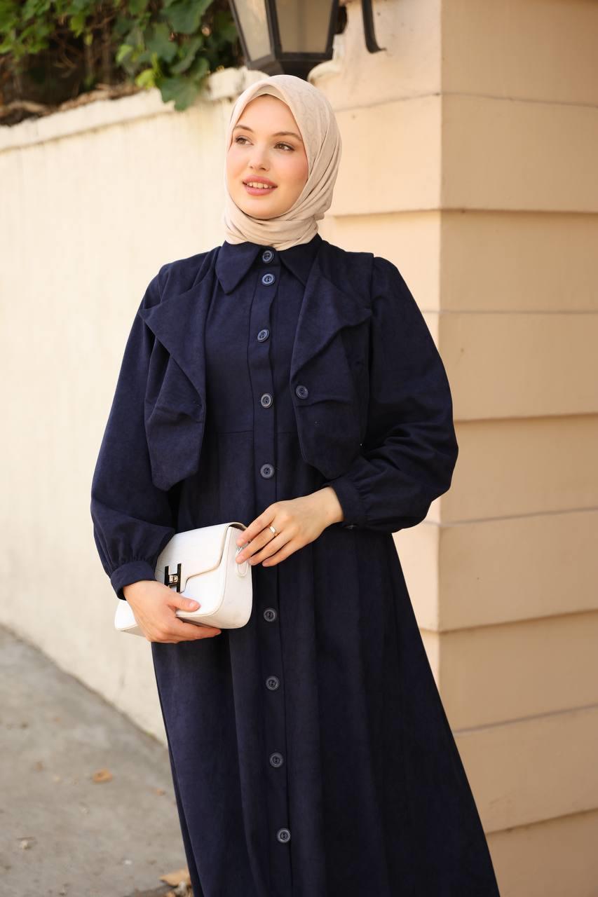 7059 Düğmeli Iki Parça Elbise - Lacivert