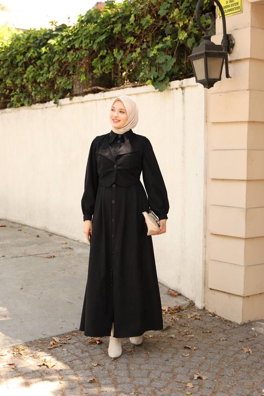 7059 Düğmeli Iki Parça Elbise - Siyah