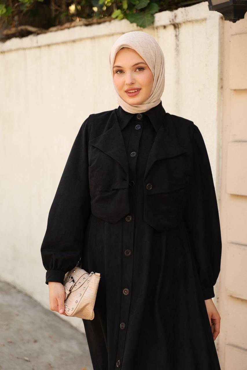 7059 Düğmeli Iki Parça Elbise - Siyah