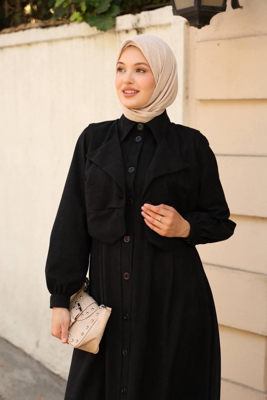 7059 Düğmeli Iki Parça Elbise - Siyah