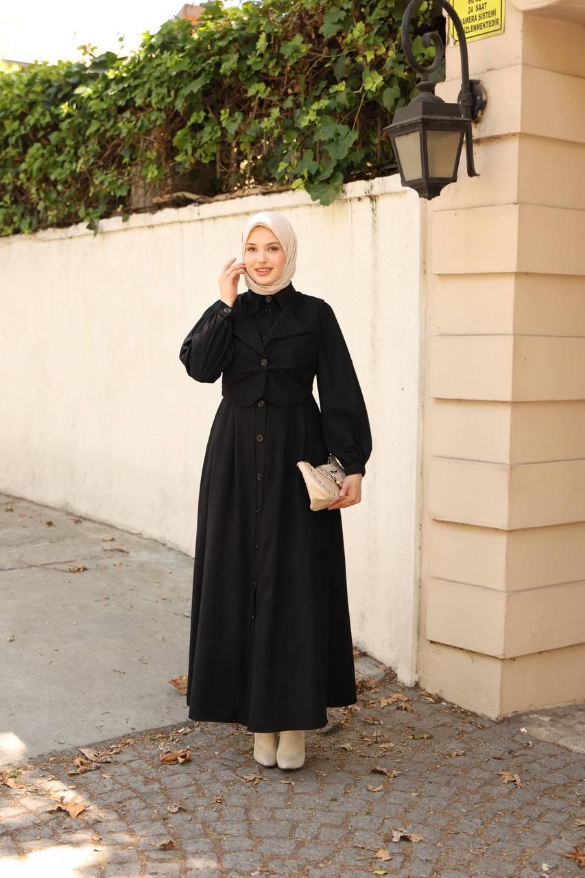 7059 Düğmeli Iki Parça Elbise - Siyah