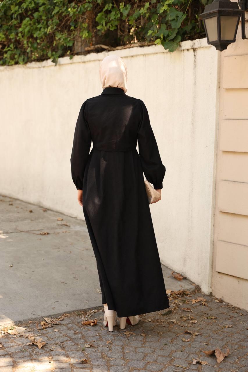 7059 Düğmeli Iki Parça Elbise - Siyah