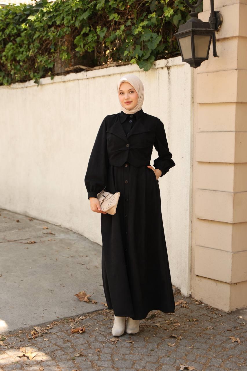 7059 Düğmeli Iki Parça Elbise - Siyah
