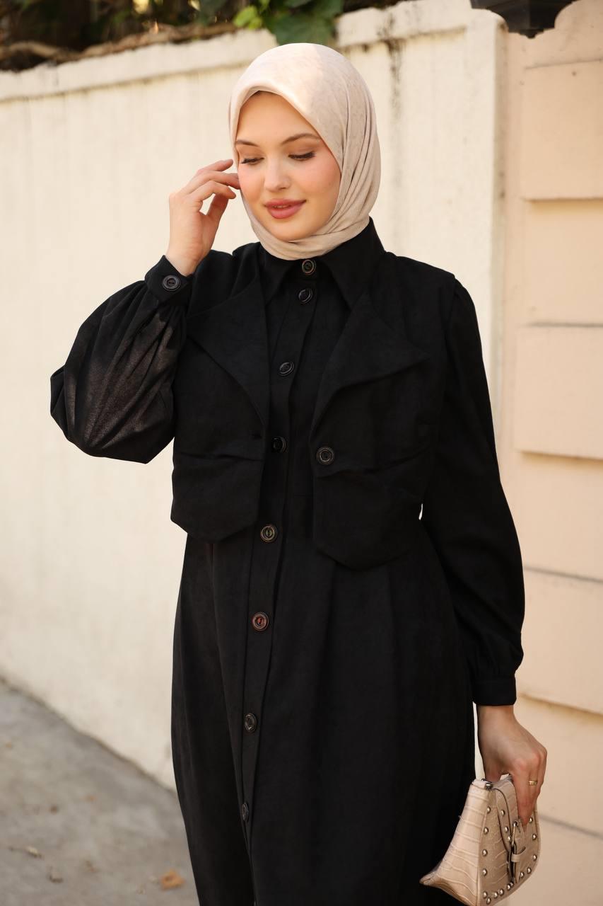 7059 Düğmeli Iki Parça Elbise - Siyah