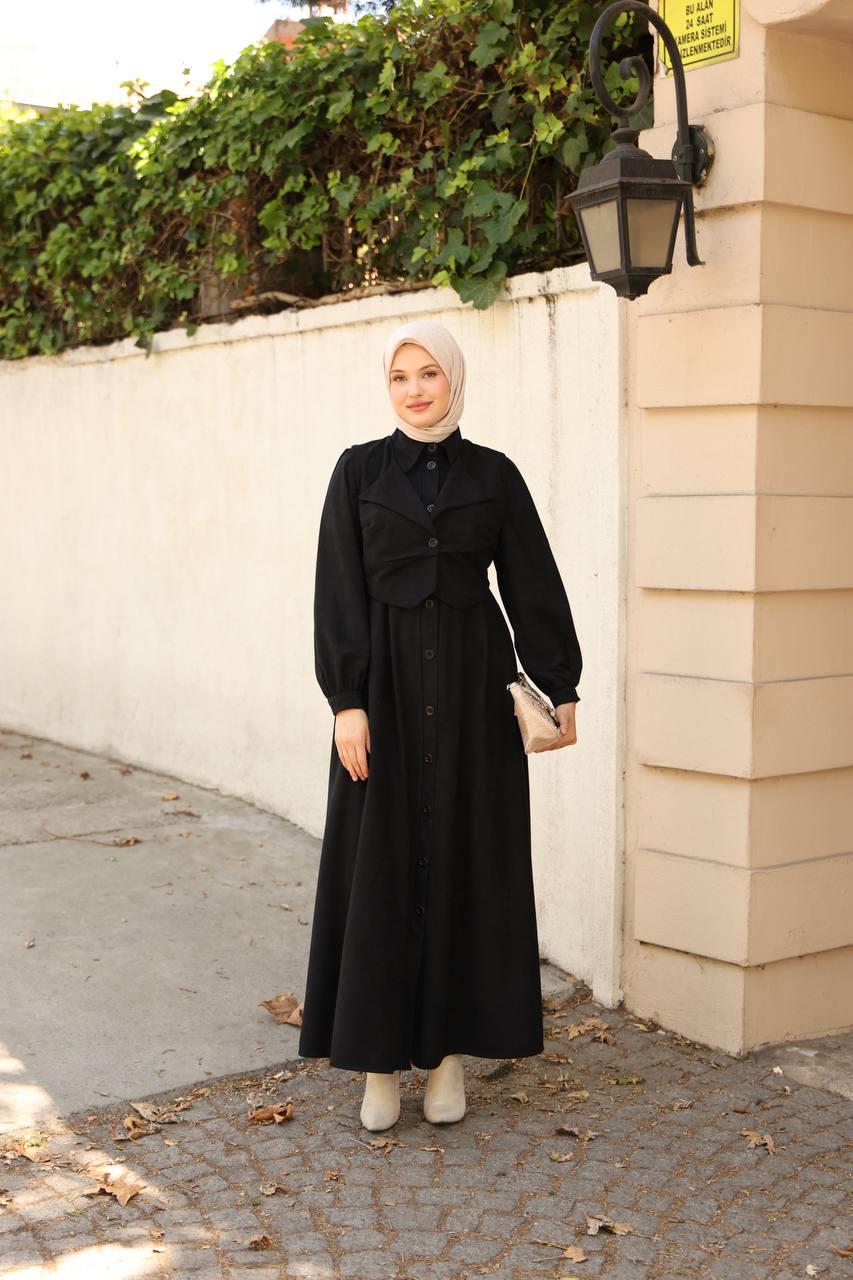 7059 Düğmeli Iki Parça Elbise - Siyah