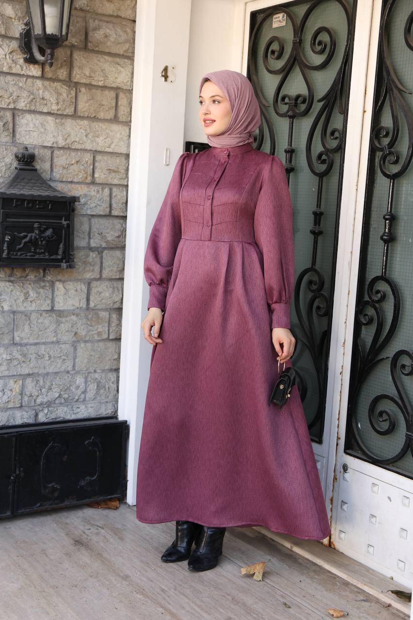7060 Kruvaze Düğmeli Elbise - Gül kurusu