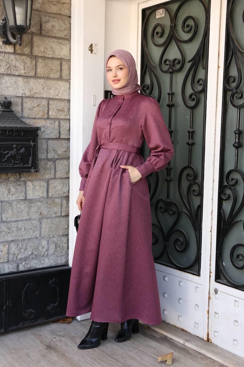 7060 Kruvaze Düğmeli Elbise - Gül kurusu