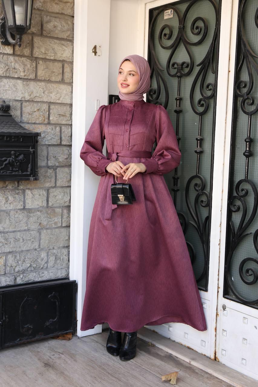 7060 Kruvaze Düğmeli Elbise - Gül kurusu