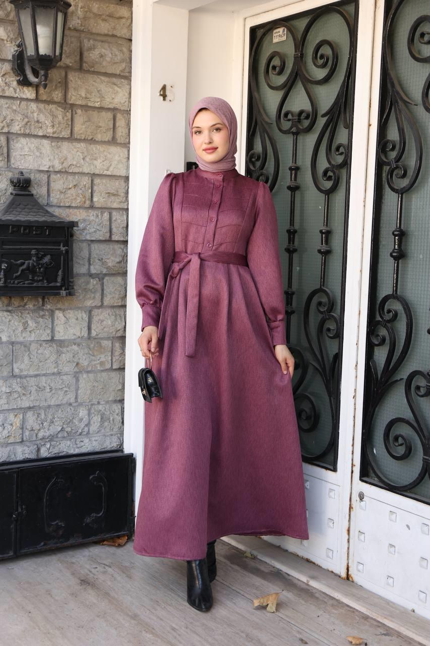 7060 Kruvaze Düğmeli Elbise - Gül kurusu