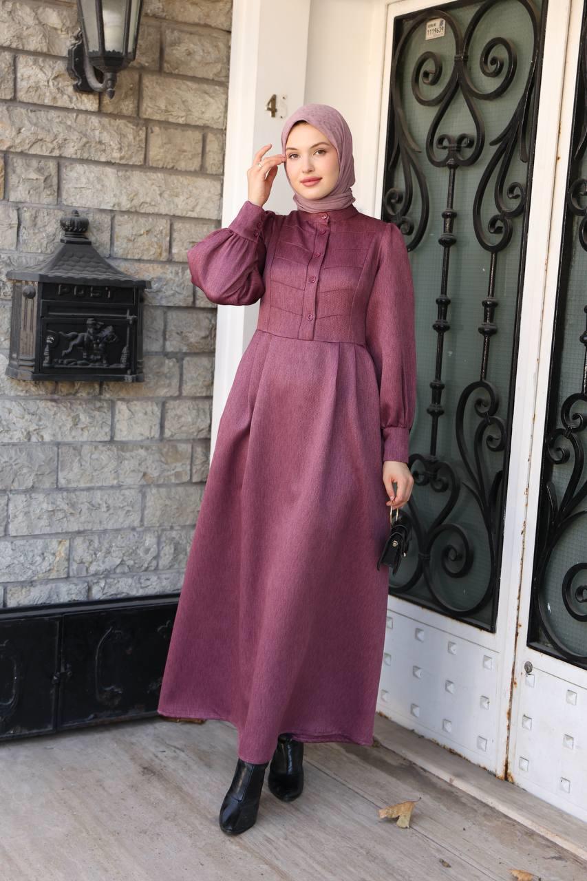 7060 Kruvaze Düğmeli Elbise - Gül kurusu